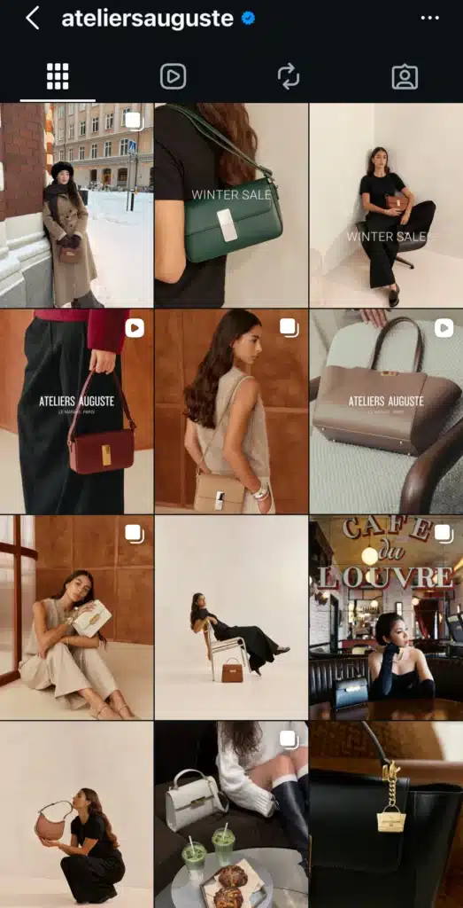 Ateliers Auguste instagram feed showing leather bags