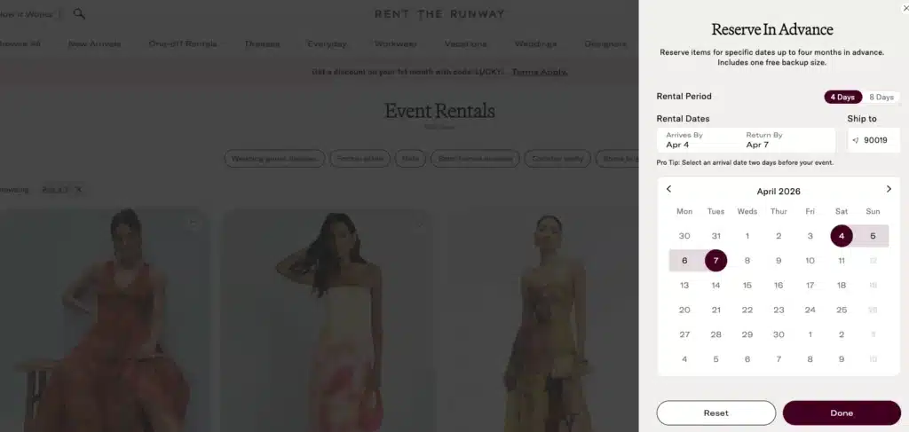 rent the runway dates selection panel