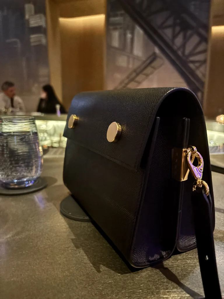 up close leather and hardware of the rsvp paris duo handbag