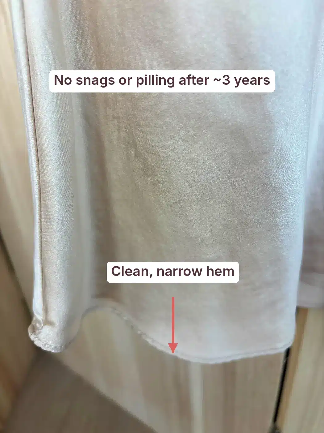 Quince washable silk maxi skirt hem annotated to show a clean narrow hem with no snags or pilling