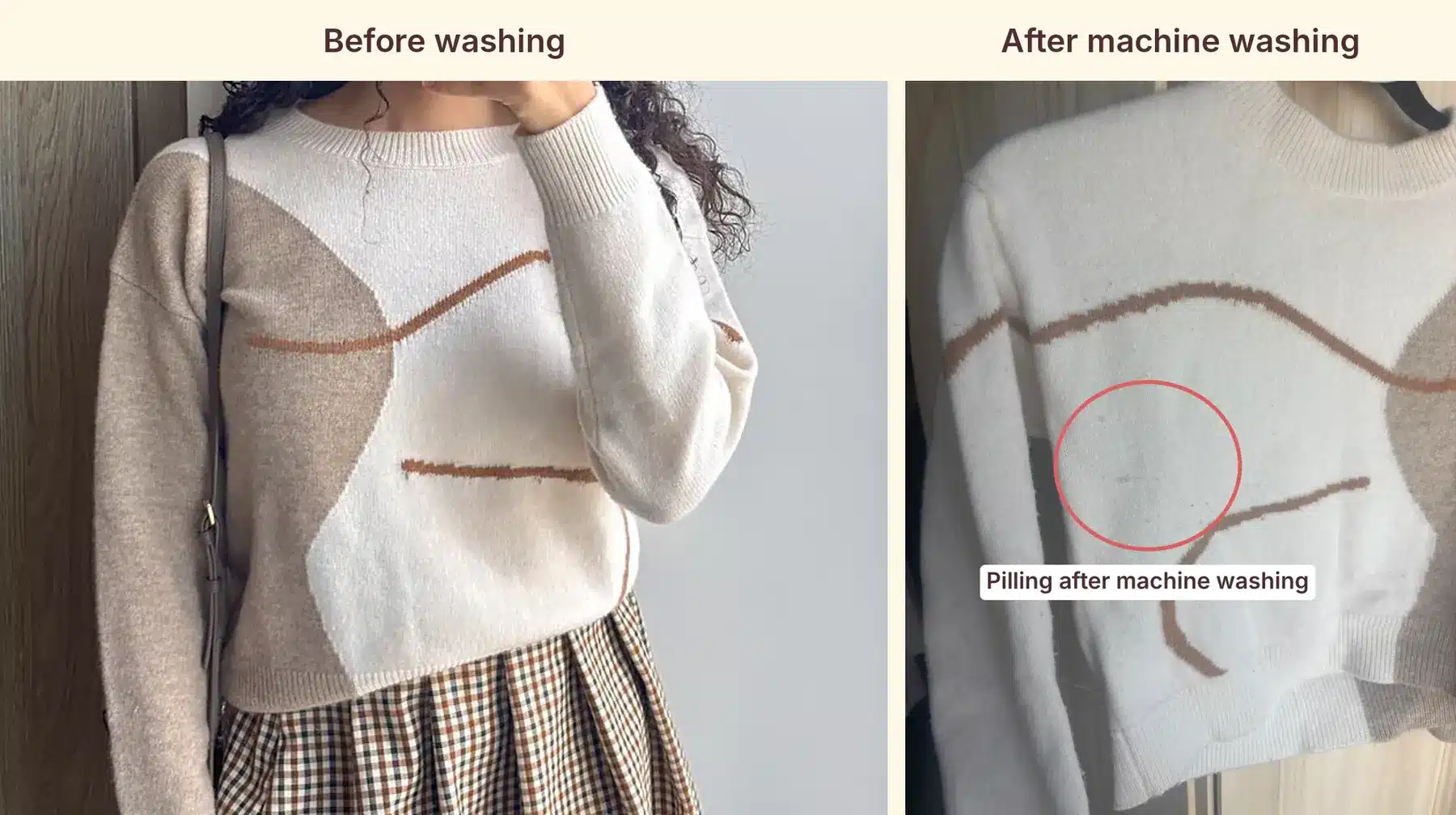 Petite Studio merino sweater before washing and after machine washing, with pilling circled