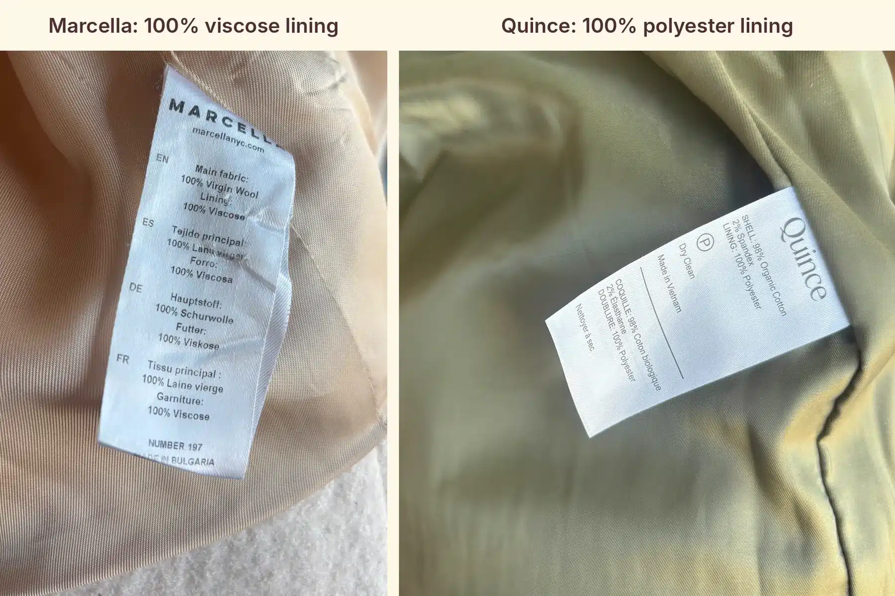 Two coat labels side by side: Marcella with a viscose lining, Quince with a polyester lining