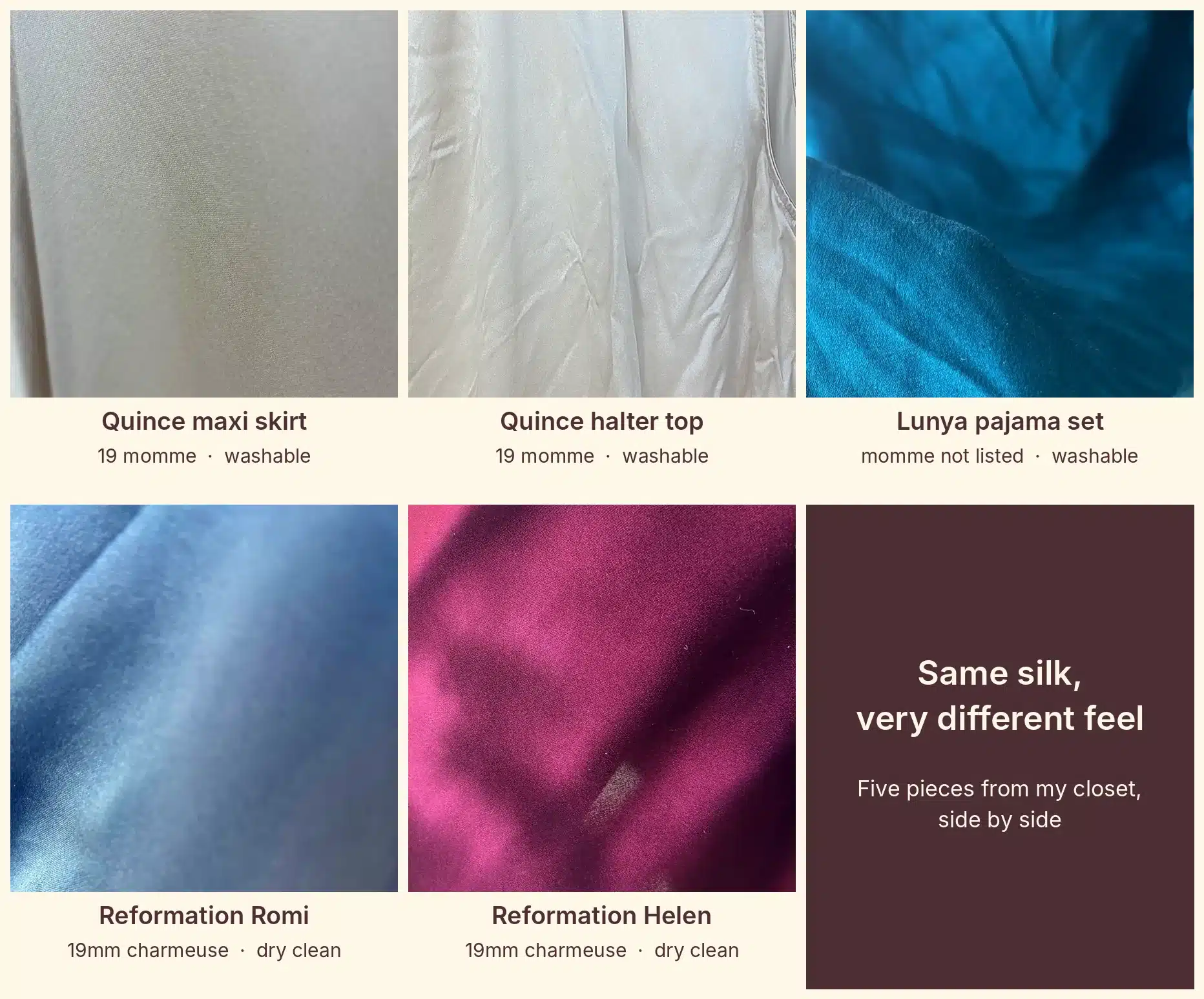 Side-by-side swatches of Quince washable silk, Lunya washable silk and Reformation dry-clean silk charmeuse
